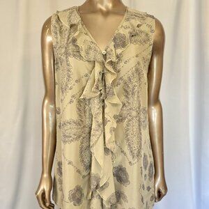 CAbi - 100% Silk Sleeveless Blouse With Ruffle Front - Tan and Gray